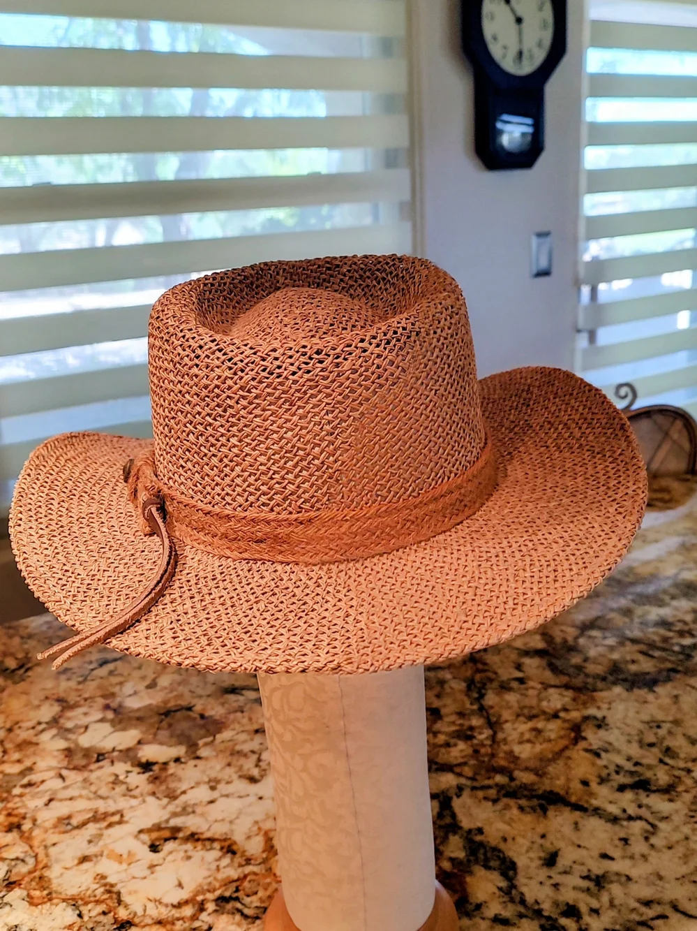 Men's Woven Straw Fedora Hat in Tan with Leather Trim